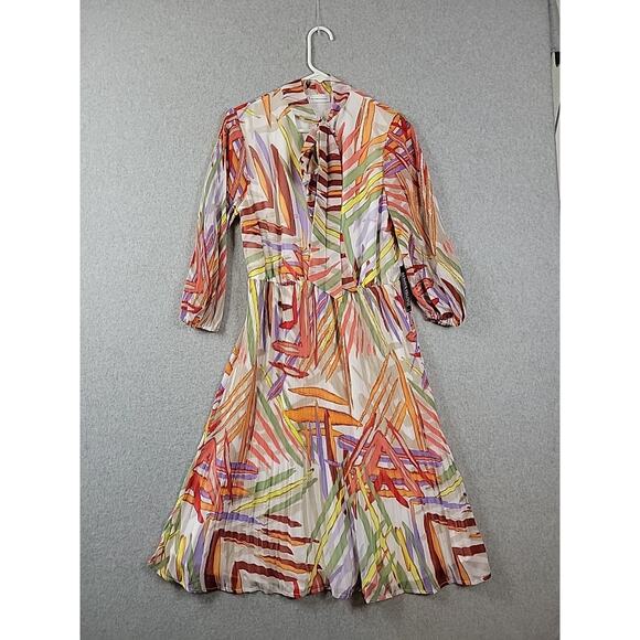 NWT New York & Company Multicolor Abstract LS Tie Neck Pleated Dress Medium - Picture 1 of 15